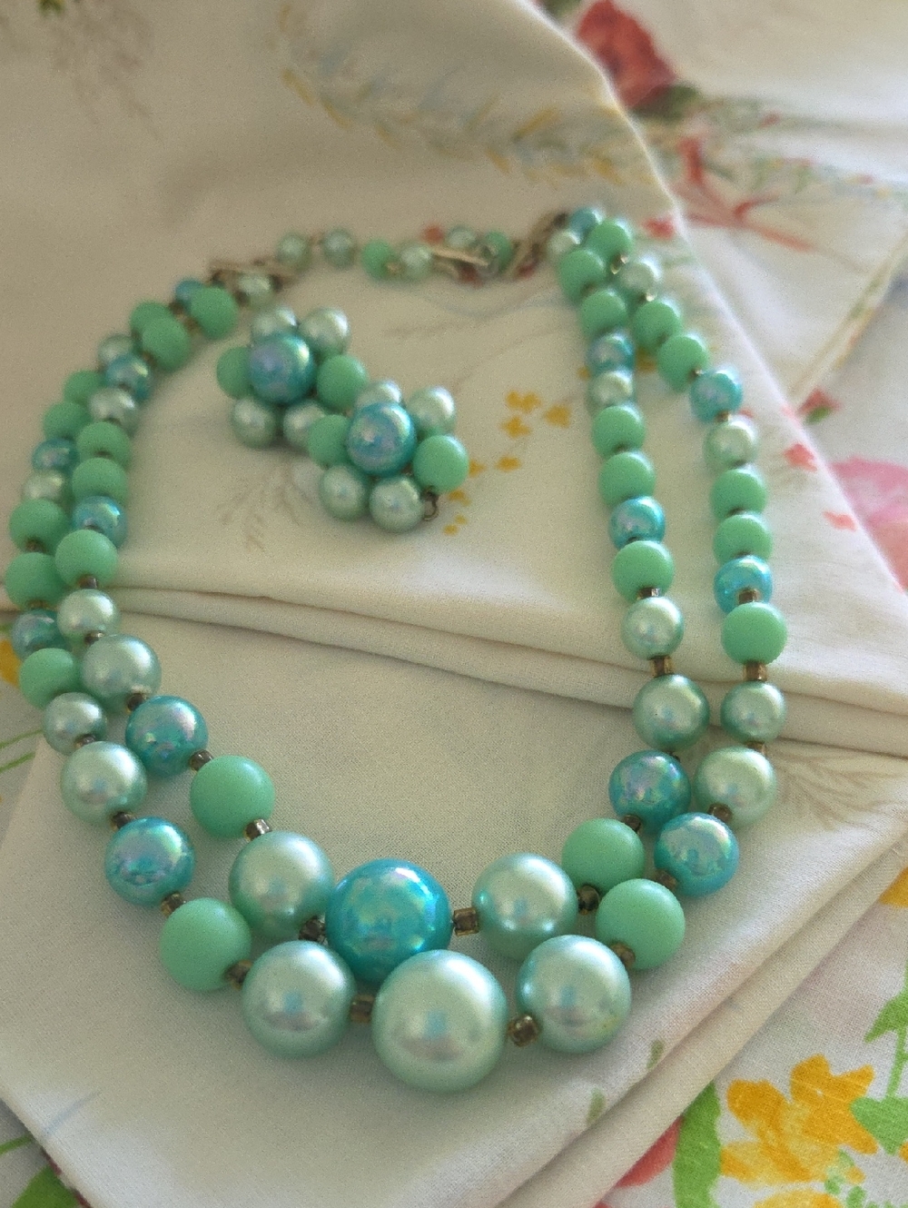 Vintage Seafoam and Aqua Double Strand Beaded Necklace - Vintage